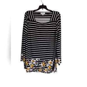 Susan Graver Black and White Striped Long Sleeve Top with Floral Accents Size M